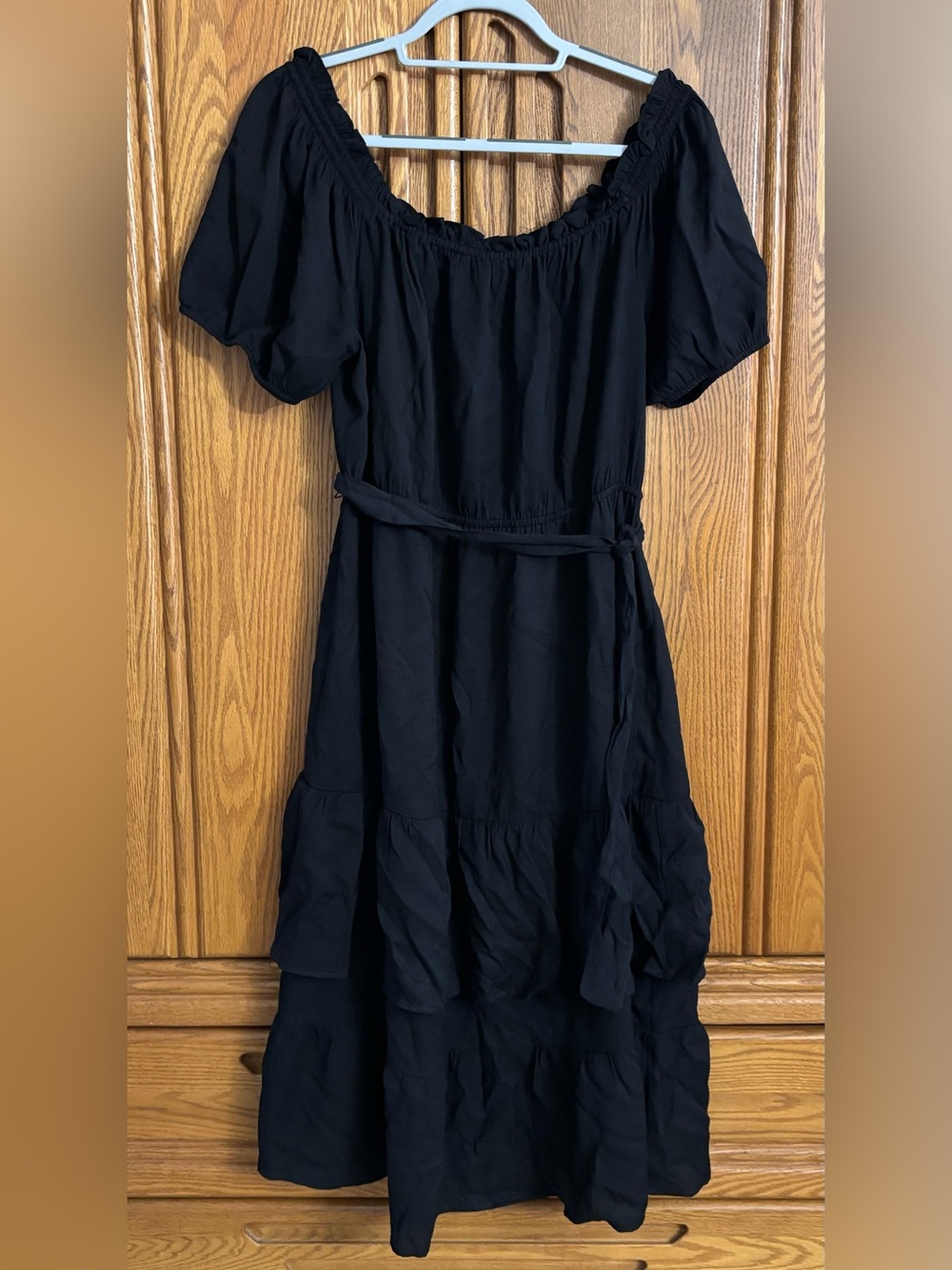 Luxology Black Off-Shoulder Tiered Midi Dress